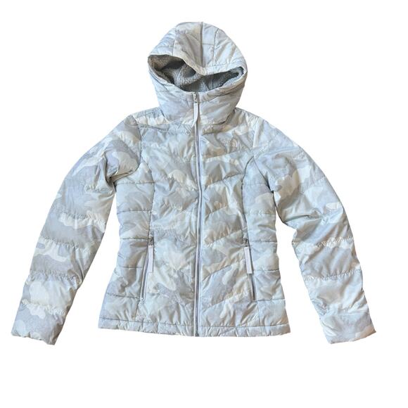 The North Face 550 Down Puffer White Camouflage Hooded Sherpa Fleece - Picture 1 of 11